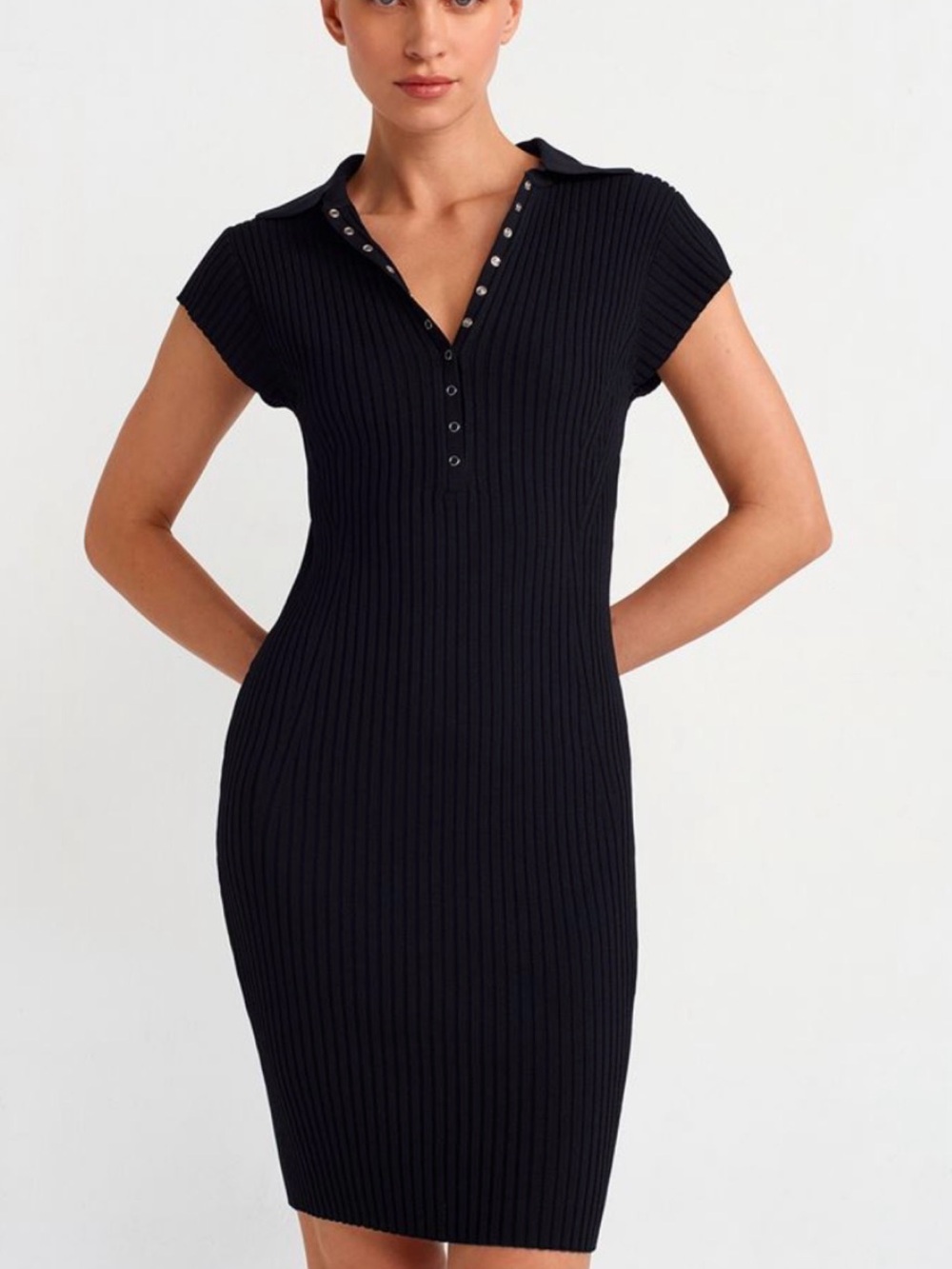 Zara Black Ribbed Polo Dress with Button Placket